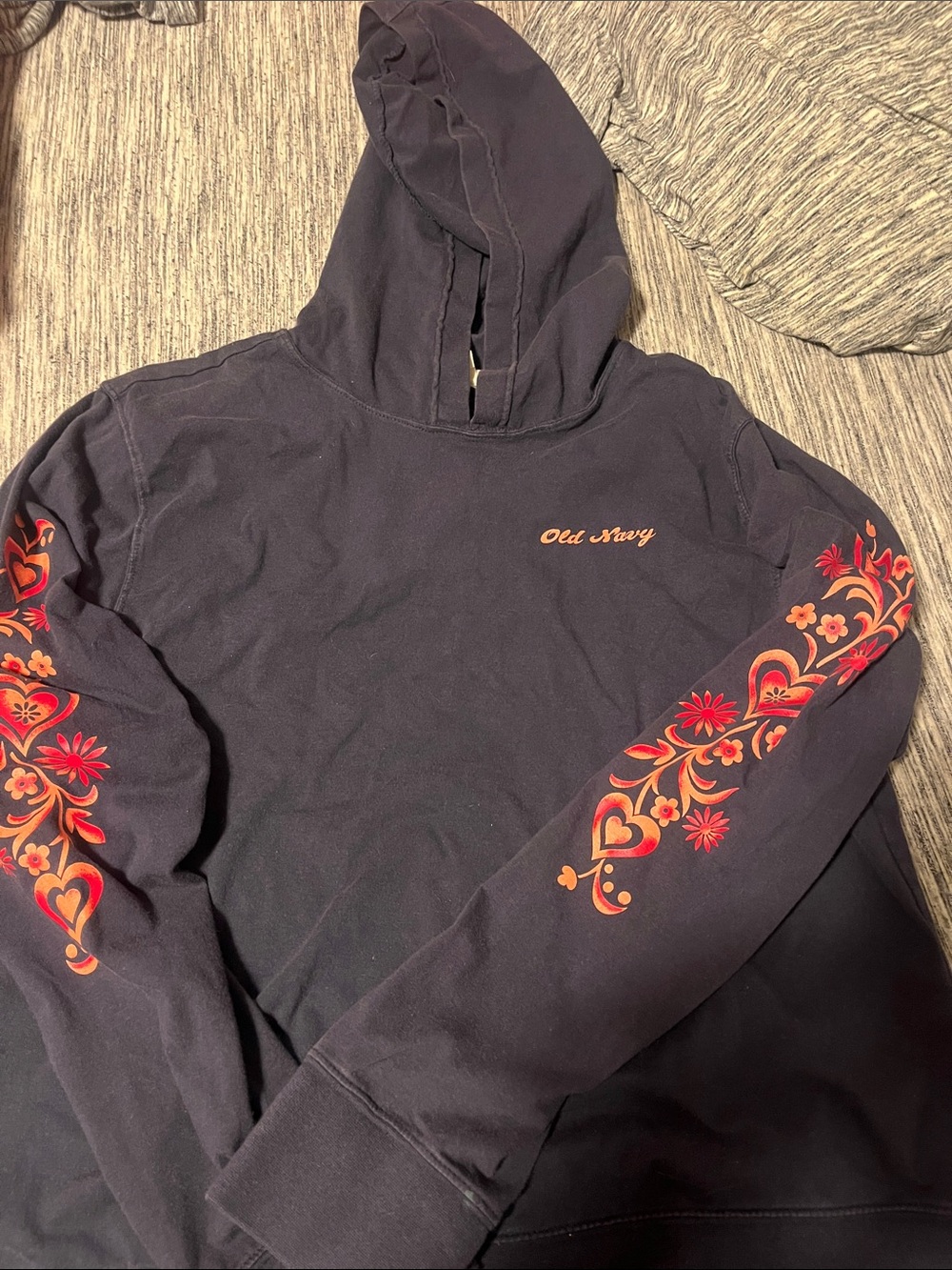 Old Navy Navy Pullover Hoodie with Red and Orange Sleeve Hearts